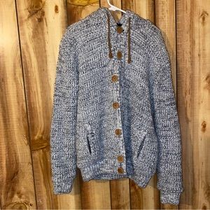 Grey Waffle-knit Button-front Hooded Cardigan